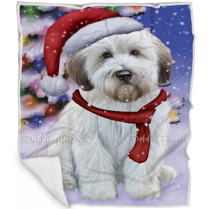 Winterland Wonderland Wheaten Terrier Dog In Christmas Holiday Scenic Background Blanket BLNKT101433