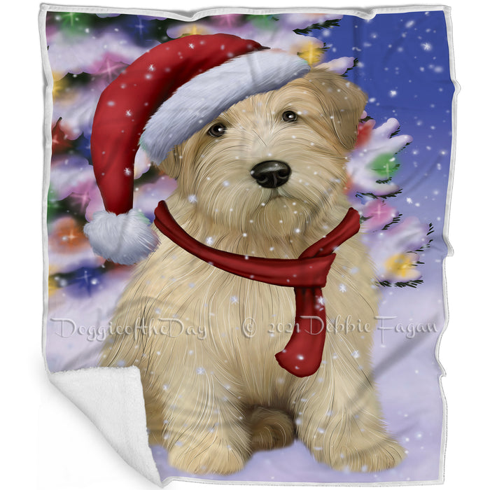 Winterland Wonderland Wheaten Terrier Dog In Christmas Holiday Scenic Background Blanket BLNKT101442