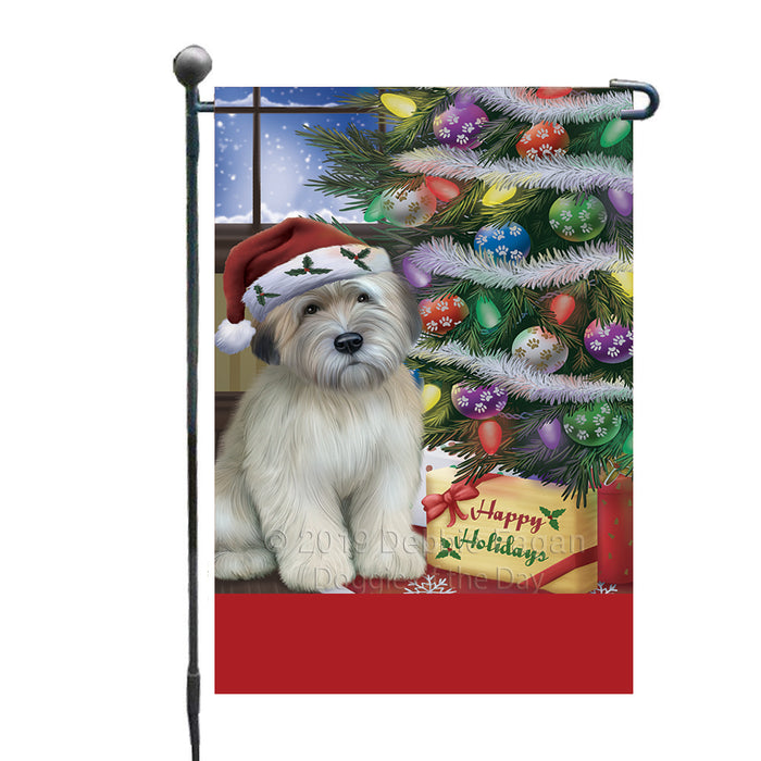 Personalized Christmas Happy Holidays Wheaten Terrier Dog with Tree and Presents Custom Garden Flags GFLG-DOTD-A58681