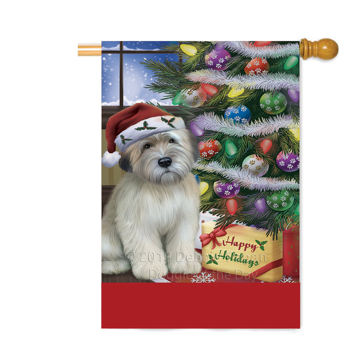 Personalized Christmas Happy Holidays Wheaten Terrier Dog with Tree and Presents Custom House Flag FLG-DOTD-A58737