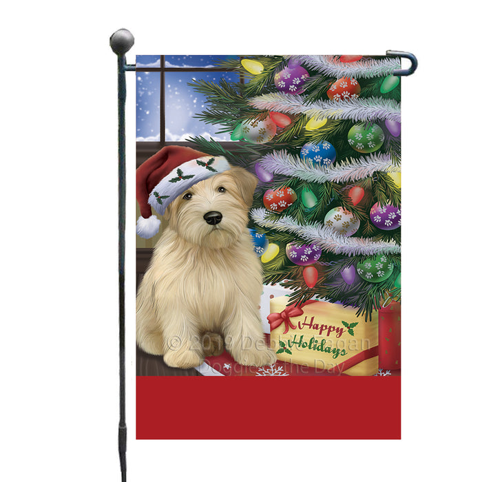 Personalized Christmas Happy Holidays Wheaten Terrier Dog with Tree and Presents Custom Garden Flags GFLG-DOTD-A58682