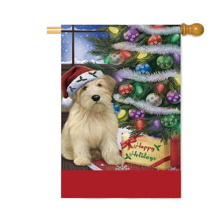 Personalized Christmas Happy Holidays Wheaten Terrier Dog with Tree and Presents Custom House Flag FLG-DOTD-A58738