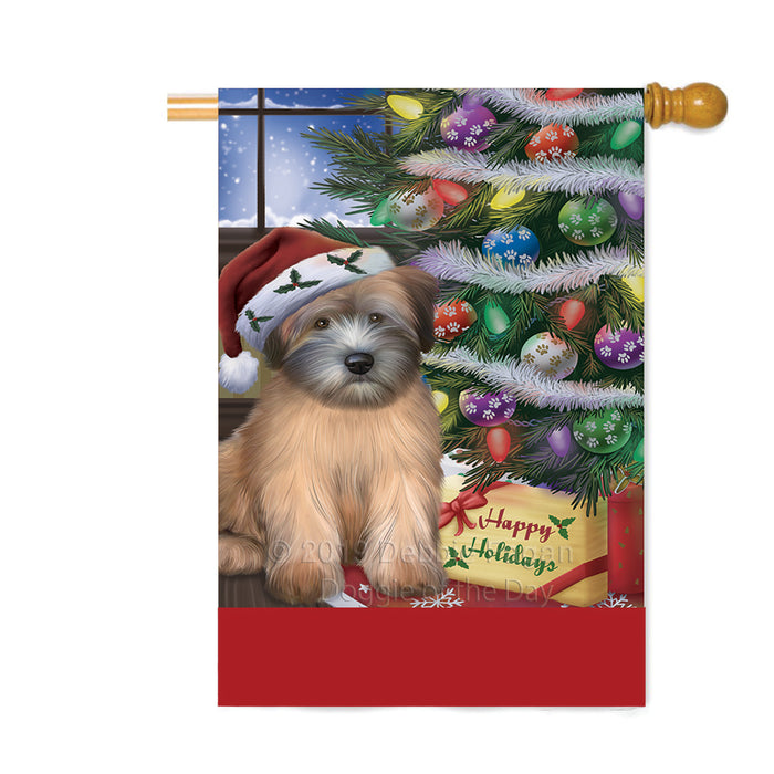 Personalized Christmas Happy Holidays Wheaten Terrier Dog with Tree and Presents Custom House Flag FLG-DOTD-A58739