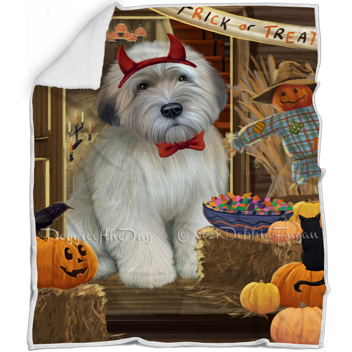 Enter at Own Risk Trick or Treat Halloween Wheaten Terrier Dog Blanket BLNKT97419