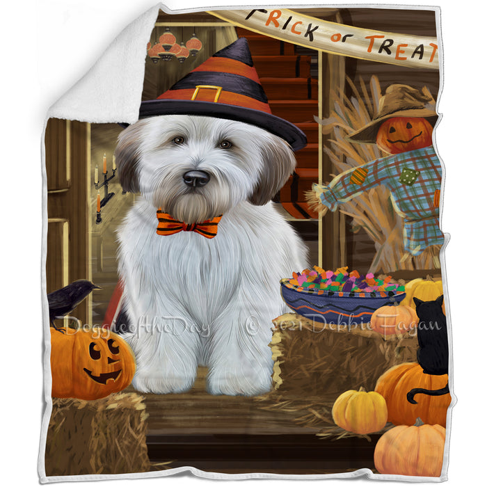 Enter at Own Risk Trick or Treat Halloween Wheaten Terrier Dog Blanket BLNKT97428