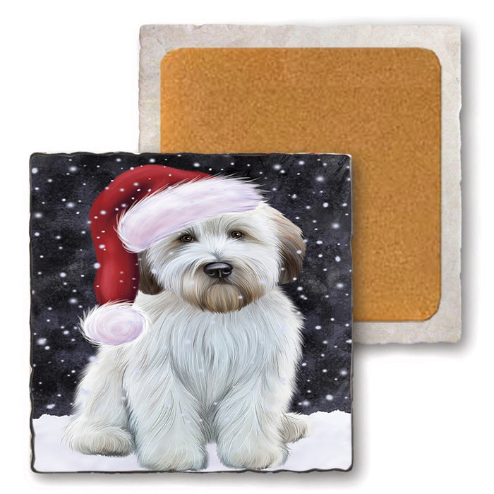 Let it Snow Christmas Holiday Wheaten Terrier Dog Wearing Santa Hat Set of 4 Natural Stone Marble Tile Coasters MCST49332