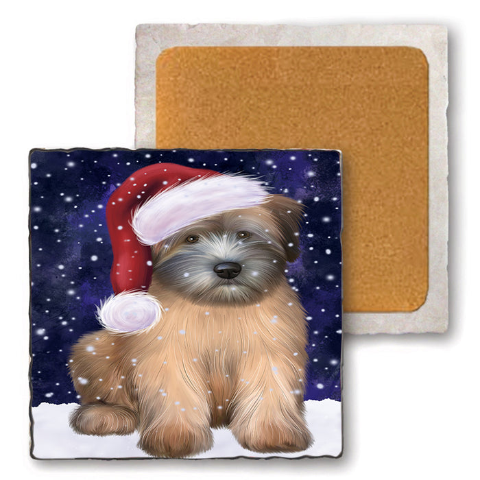 Let it Snow Christmas Holiday Wheaten Terrier Dog Wearing Santa Hat Set of 4 Natural Stone Marble Tile Coasters MCST49333