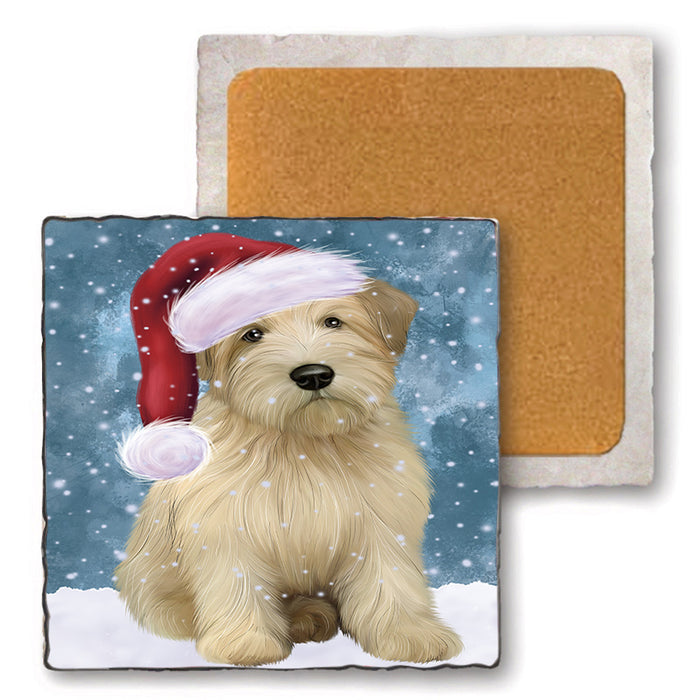 Let it Snow Christmas Holiday Wheaten Terrier Dog Wearing Santa Hat Set of 4 Natural Stone Marble Tile Coasters MCST49334