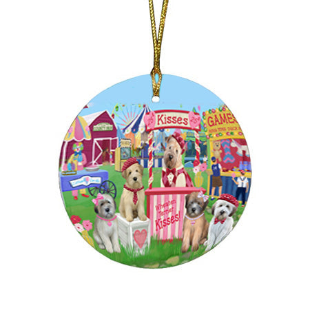 Carnival Kissing Booth Wheaten Terriers Dog Round Flat Christmas Ornament RFPOR56406