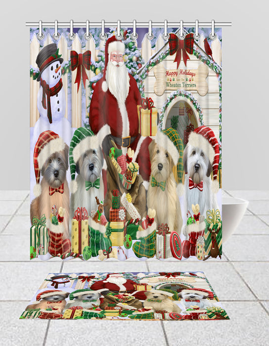 Happy Holidays Christmas Wheaten Terrier Dogs House Gathering Bath Mat and Shower Curtain Combo