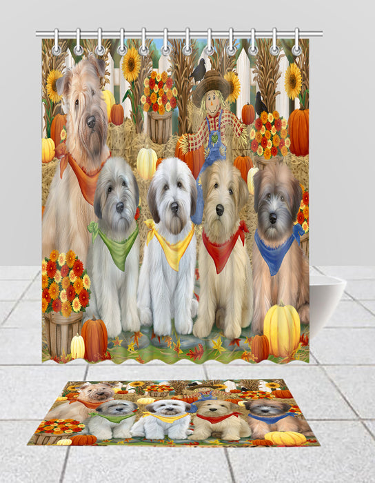 Fall Festive Harvest Time Gathering Wheaten Terrier Dogs Bath Mat and Shower Curtain Combo