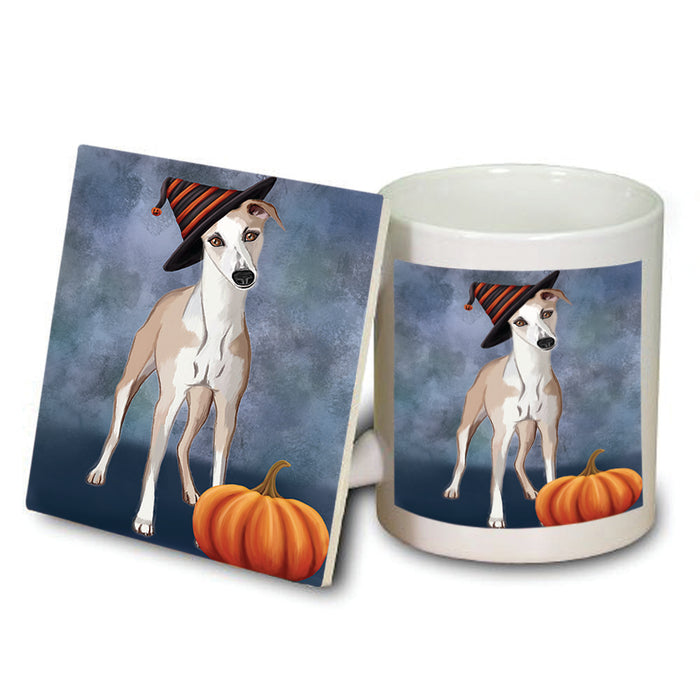 Happy Halloween Whippet Dog Wearing Witch Hat with Pumpkin Mug and Coaster Set MUC54836