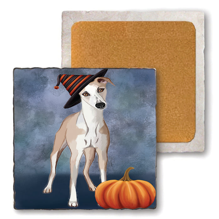 Happy Halloween Whippet Dog Wearing Witch Hat with Pumpkin Set of 4 Natural Stone Marble Tile Coasters MCST49844