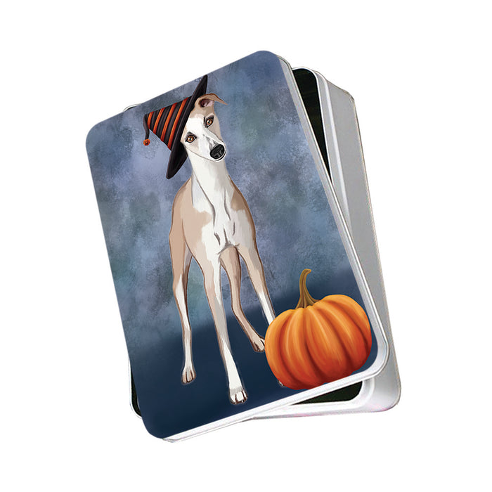 Happy Halloween Whippet Dog Wearing Witch Hat with Pumpkin Photo Storage Tin PITN54787