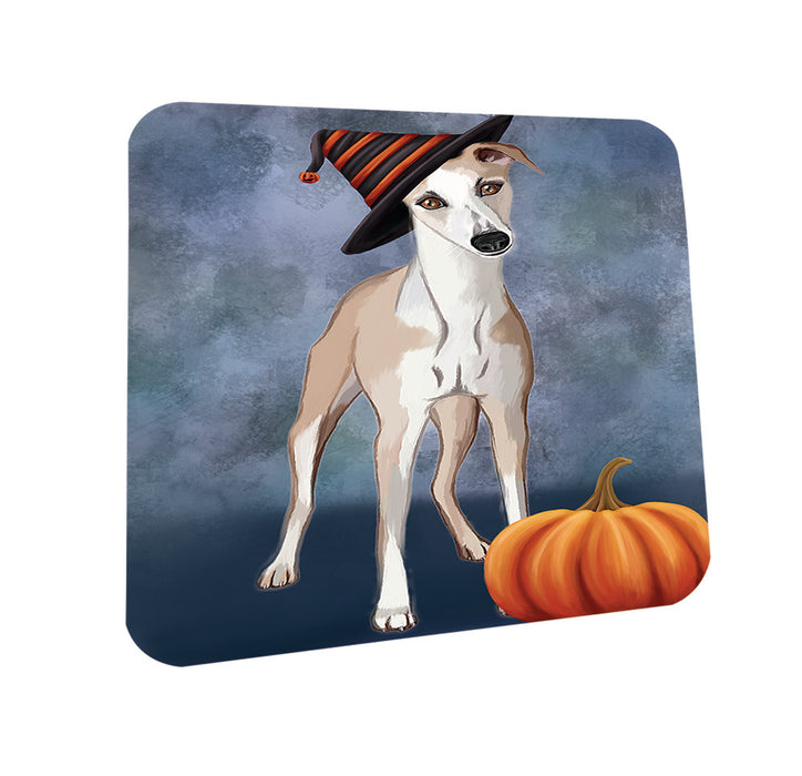 Happy Halloween Whippet Dog Wearing Witch Hat with Pumpkin Coasters Set of 4 CST54802