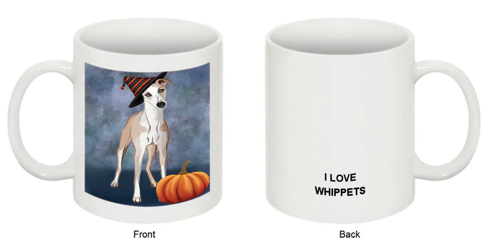 Happy Halloween Whippet Dog Wearing Witch Hat with Pumpkin Coffee Mug MUG50242