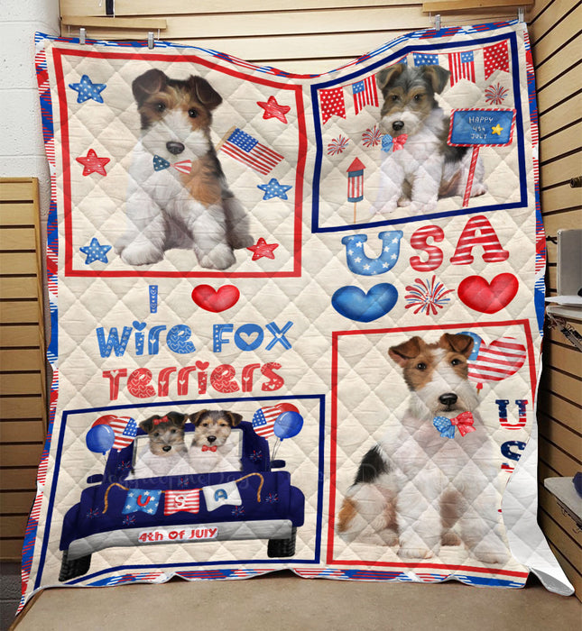 4th of July Independence Day I Love USA Wire Fox Terrier Dogs Quilt Bed Coverlet Bedspread - Pets Comforter Unique One-side Animal Printing - Soft Lightweight Durable Washable Polyester Quilt