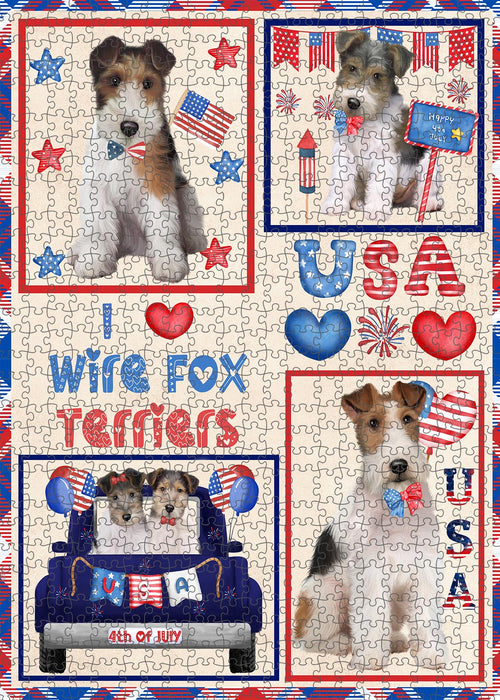 4th of July Independence Day I Love USA Wire Fox Terrier Dogs Portrait Jigsaw Puzzle for Adults Animal Interlocking Puzzle Game Unique Gift for Dog Lover's with Metal Tin Box