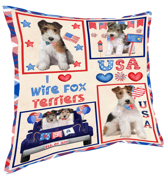 4th of July Independence Day I Love USA Wire Fox Terrier Dogs Pillow with Top Quality High-Resolution Images - Ultra Soft Pet Pillows for Sleeping - Reversible & Comfort - Ideal Gift for Dog Lover - Cushion for Sofa Couch Bed - 100% Polyester