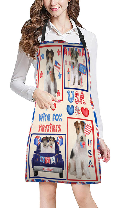 4th of July Independence Day I Love USA Wire Fox Terrier Dogs Apron - Adjustable Long Neck Bib for Adults - Waterproof Polyester Fabric With 2 Pockets - Chef Apron for Cooking, Dish Washing, Gardening, and Pet Grooming