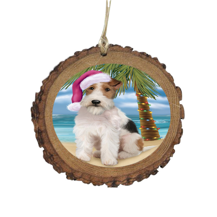 Summertime Happy Holidays Christmas Wire Fox Terrier Dog on Tropical Island Beach Wooden Christmas Ornament WOR49410