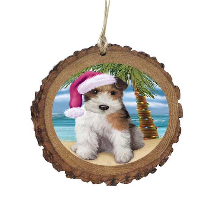 Summertime Happy Holidays Christmas Wire Fox Terrier Dog on Tropical Island Beach Wooden Christmas Ornament WOR49412