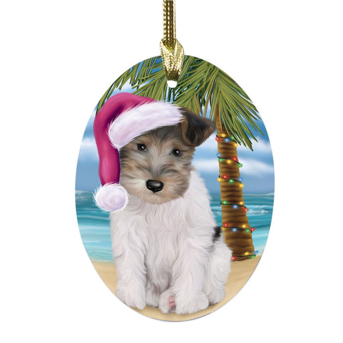 Summertime Happy Holidays Christmas Wire Fox Terrier Dog on Tropical Island Beach Oval Glass Christmas Ornament OGOR49411