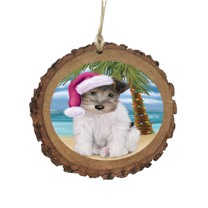 Summertime Happy Holidays Christmas Wire Fox Terrier Dog on Tropical Island Beach Wooden Christmas Ornament WOR49411