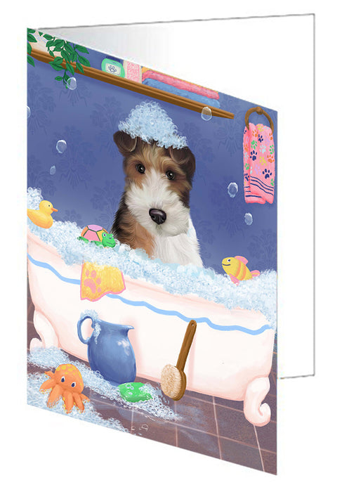 Rub A Dub Dog In A Tub Wire Fox Terrier Dog Handmade Artwork Assorted Pets Greeting Cards and Note Cards with Envelopes for All Occasions and Holiday Seasons GCD79745