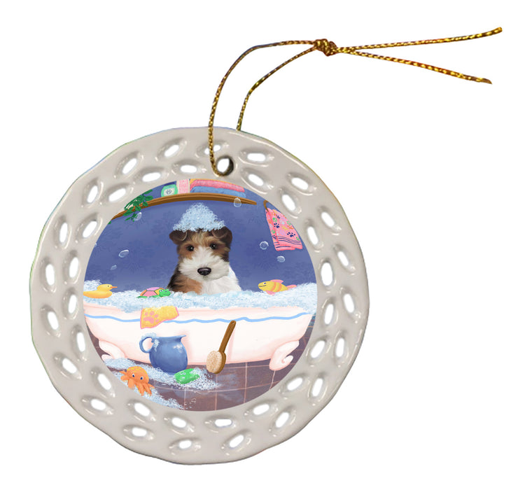 Rub A Dub Dog In A Tub Wire Fox Terrier Dog Doily Ornament DPOR58368