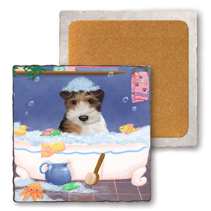 Rub A Dub Dog In A Tub Wire Fox Terrier Dog Set of 4 Natural Stone Marble Tile Coasters MCST52477