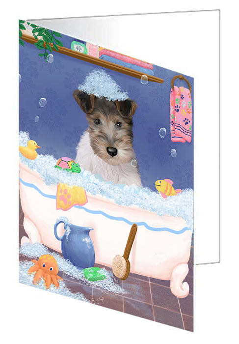 Rub A Dub Dog In A Tub Wire Fox Terrier Dog Handmade Artwork Assorted Pets Greeting Cards and Note Cards with Envelopes for All Occasions and Holiday Seasons GCD79748