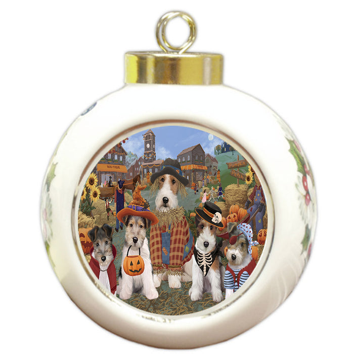 Halloween 'Round Town And Fall Pumpkin Scarecrow Both Wire Fox Terrier Dogs Round Ball Christmas Ornament RBPOR57621