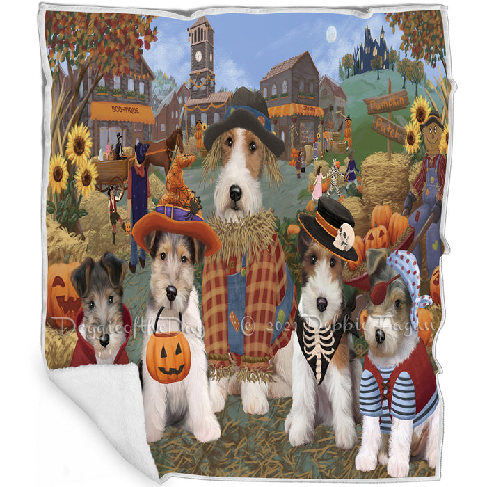 Halloween 'Round Town And Fall Pumpkin Scarecrow Both Wire Fox Terrier Dogs Blanket BLNKT143678
