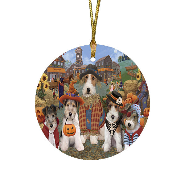 Halloween 'Round Town And Fall Pumpkin Scarecrow Both Wire Fox Terrier Dogs Round Flat Christmas Ornament RFPOR57621