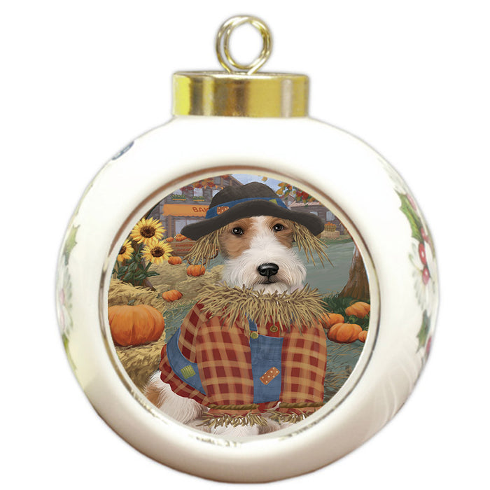 Halloween 'Round Town And Fall Pumpkin Scarecrow Both Wire Fox Terrier Dog Round Ball Christmas Ornament RBPOR57682