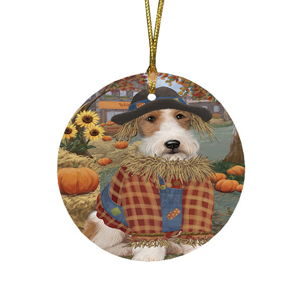 Halloween 'Round Town And Fall Pumpkin Scarecrow Both Wire Fox Terrier Dog Round Flat Christmas Ornament RFPOR57682