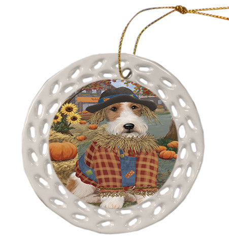 Fall Pumpkin Scarecrow Wire Fox Terrier Dogs Ceramic Doily Ornament DPOR57778