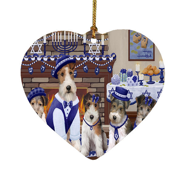 Happy Hanukkah Family Wire Fox Terrier Dogs Heart Christmas Ornament HPOR57747