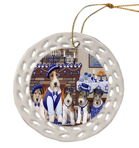 Happy Hanukkah Family Wire Fox Terrier Dogs Ceramic Doily Ornament DPOR57747