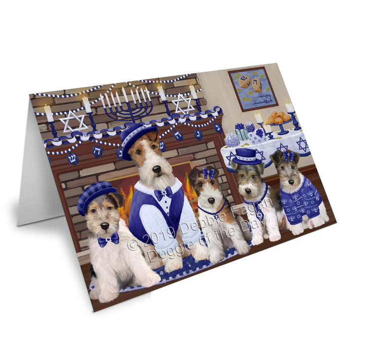 Happy Hanukkah Family Wire Fox Terrier Dogs Handmade Artwork Assorted Pets Greeting Cards and Note Cards with Envelopes for All Occasions and Holiday Seasons GCD78587