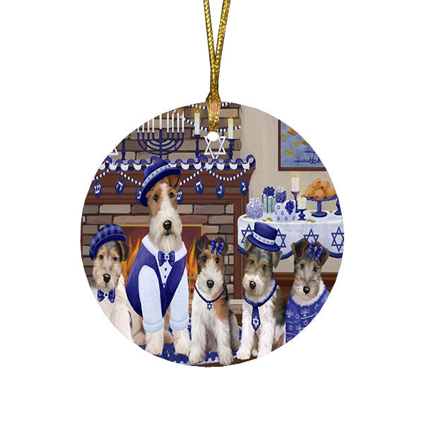 Happy Hanukkah Family and Happy Hanukkah Both Wire Fox Terrier Dogs Round Flat Christmas Ornament RFPOR57651