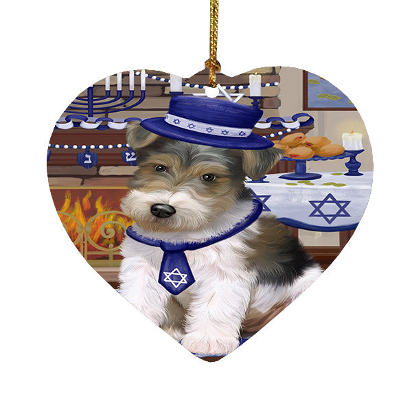 Happy Hanukkah Wire Fox Terrier Dog Heart Christmas Ornament HPOR57808