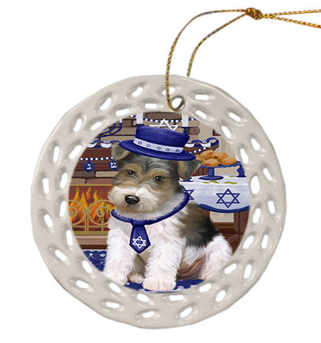Happy Hanukkah Wire Fox Terrier Dog Ceramic Doily Ornament DPOR57808