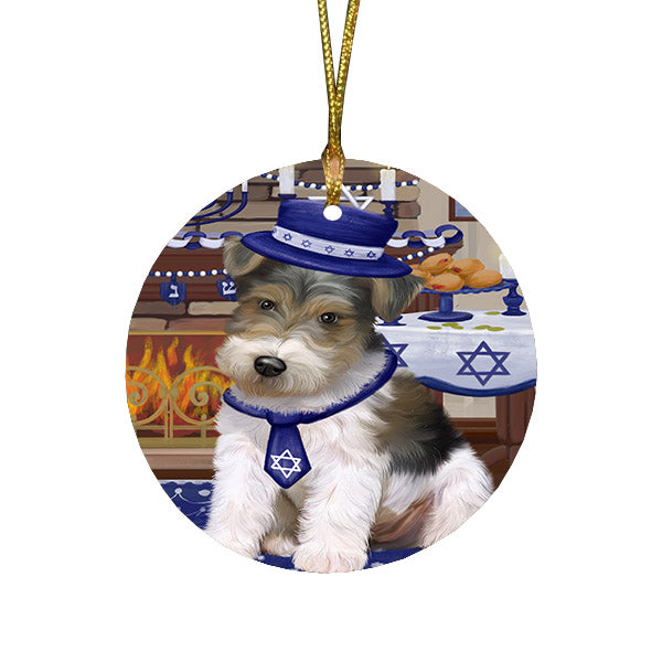 Happy Hanukkah Family and Happy Hanukkah Both Wire Fox Terrier Dog Round Flat Christmas Ornament RFPOR57712