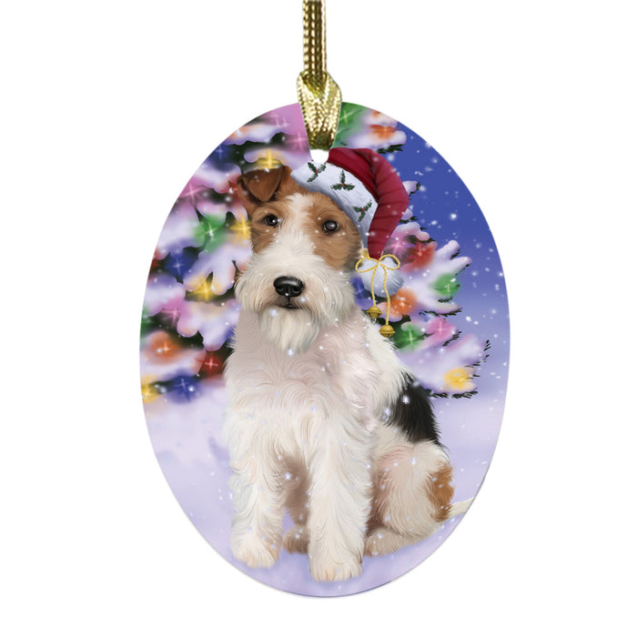 Winterland Wonderland Wire Fox Terrier Dog In Christmas Holiday Scenic Background Oval Glass Christmas Ornament OGOR49661