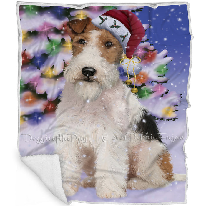 Winterland Wonderland Wire Fox Terrier Dog In Christmas Holiday Scenic Background Blanket BLNKT101451