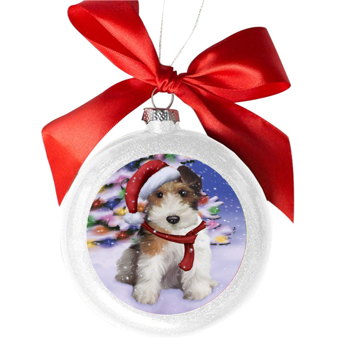 Winterland Wonderland Wire Fox Terrier Dog In Christmas Holiday Scenic Background White Round Ball Christmas Ornament WBSOR49662