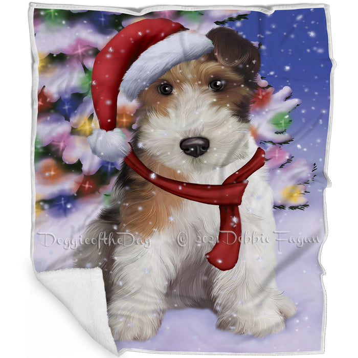 Winterland Wonderland Wire Fox Terrier Dog In Christmas Holiday Scenic Background Blanket BLNKT101460
