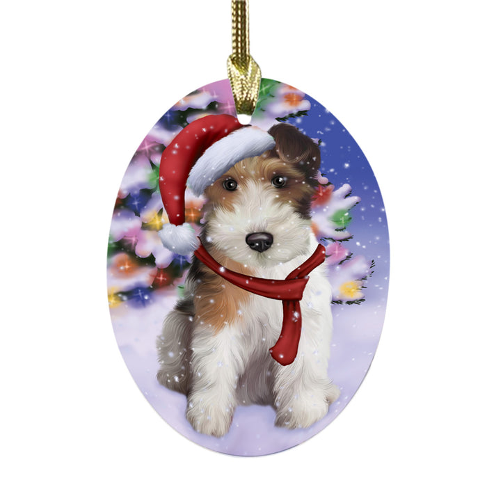 Winterland Wonderland Wire Fox Terrier Dog In Christmas Holiday Scenic Background Oval Glass Christmas Ornament OGOR49662